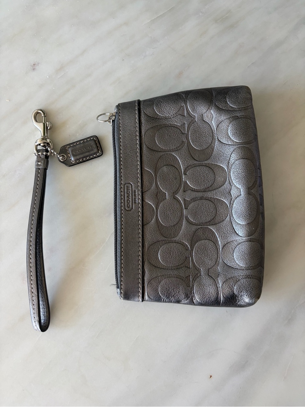 Coach Metallic Pewter Signature Wristlet with Detachable Strap
